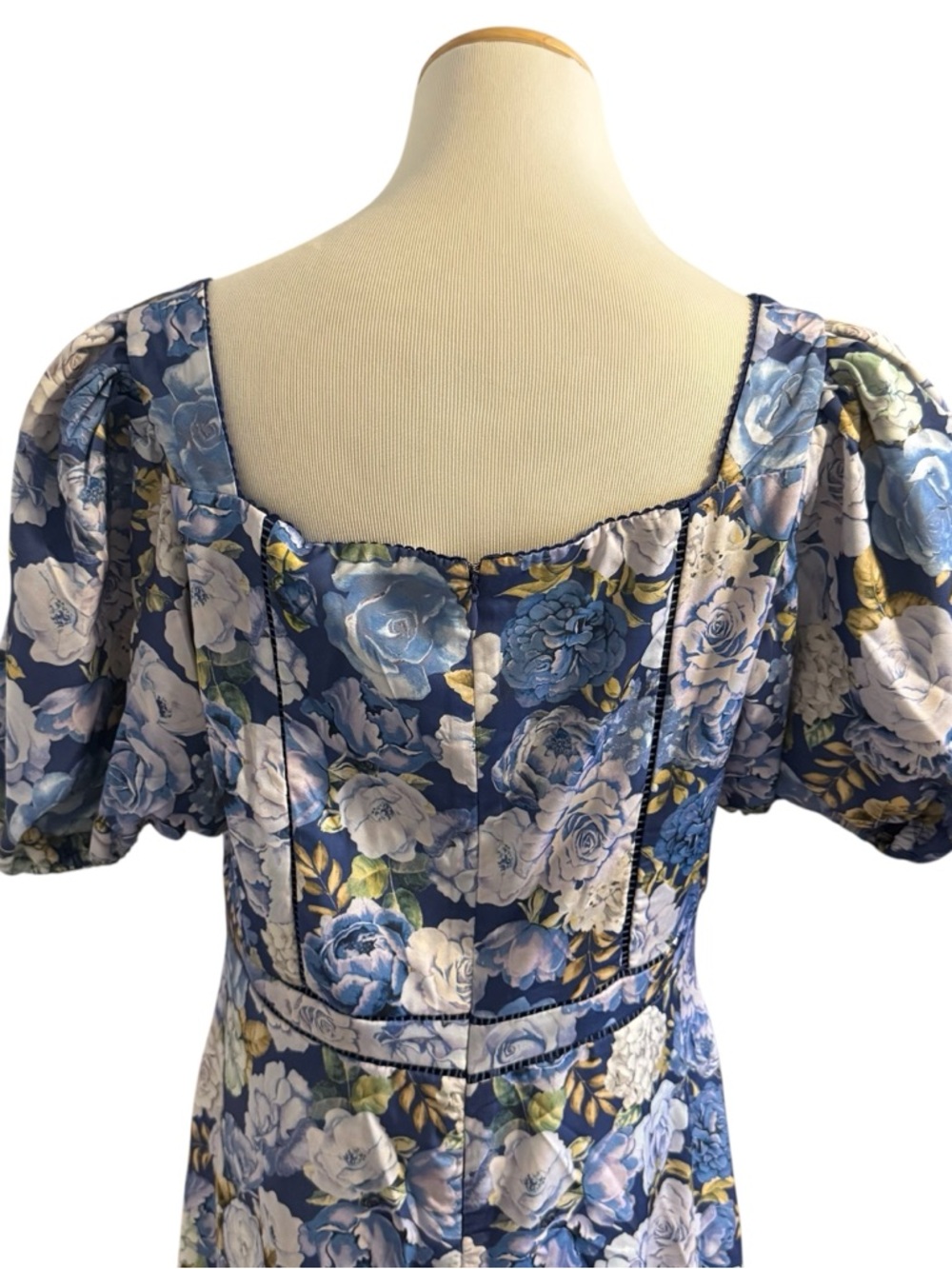 Rachel Parcell Puff Sleeve Blue Floral Lace-Trim Midi Dress - Picture 8 of 13